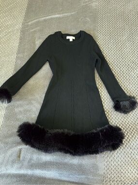 Girls' Black Faux Fur-Trim Knit Formal Dress